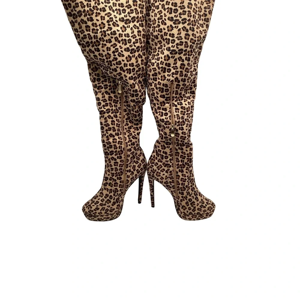 AmiClubwear Leopard Print Over The Knee Platform Stiletto Boots Brown Tan Sz‎ 10